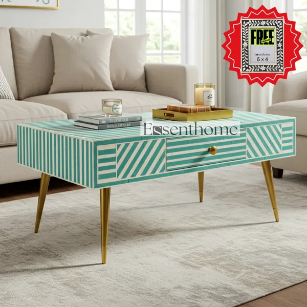 Handmade Wooden Coffee Table Green Stripes Luxury Centre Table + Free Frame