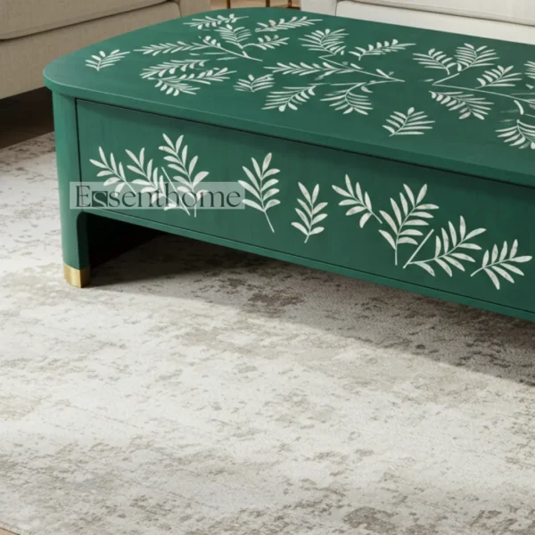 Green Bone Inlay Coffee Table with Brass Finish Base ? Round Handmade Accent Table for Living Room - Image 6