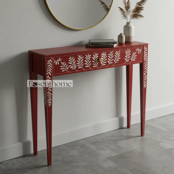 Essenthome Red Mother of Pearl Inlay Console Table ? Handmade Floral Pattern