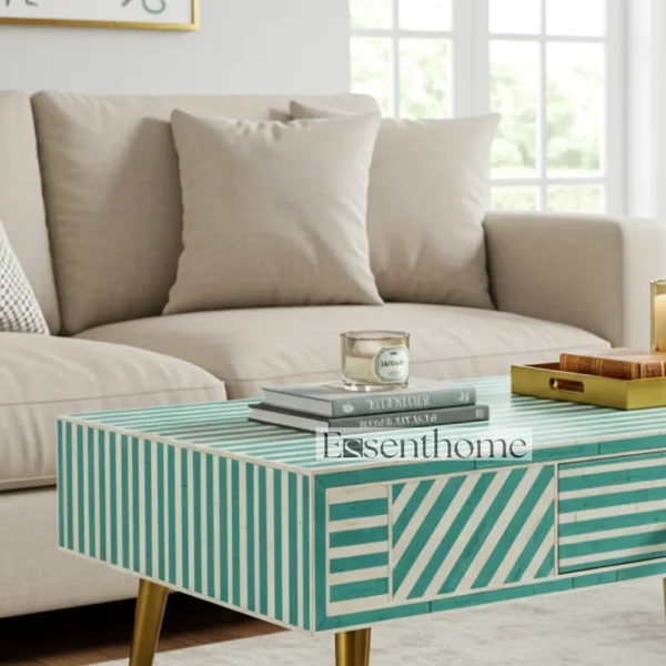Handmade Wooden Coffee Table Green Stripes Luxury Centre Table + Free Frame - Image 2