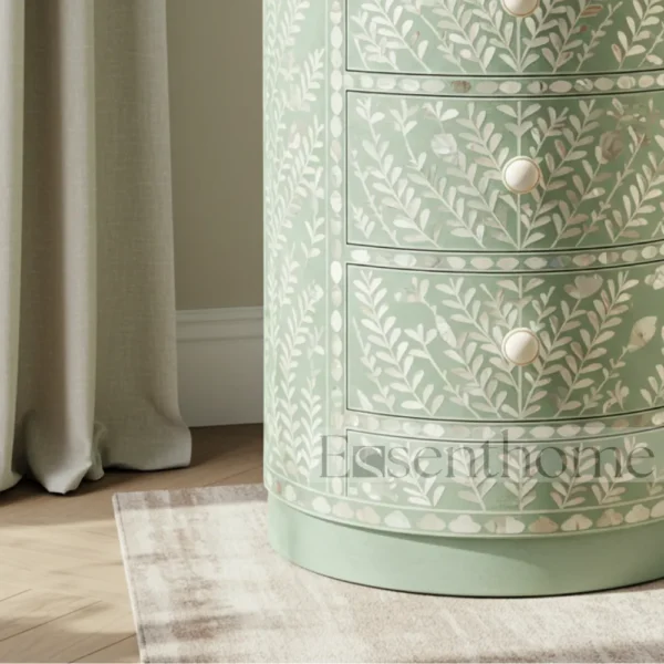 ?Handmade Green Mother of Pearl Nightstand ? 4-Drawer Floral Inlay Bedside Table? - Image 4