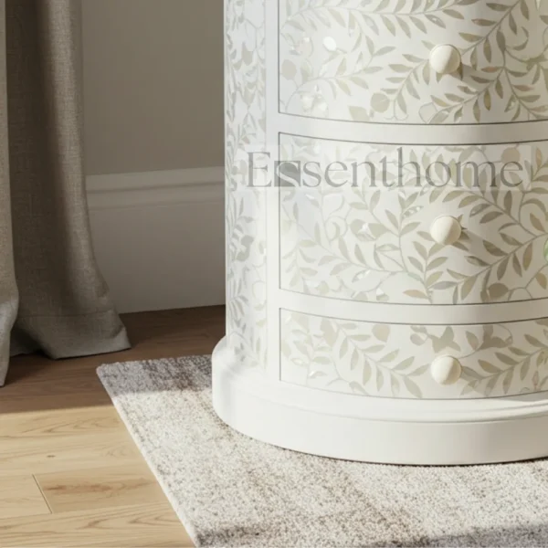 Essenthome White Floral Mother of Pearl Round Nightstand ? Handmade 4-Drawer Bedside Table - Image 4