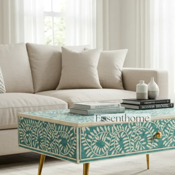 Handmade Bone Inlay Floral Coffee Table ? Teal Green with Drawers - Image 2
