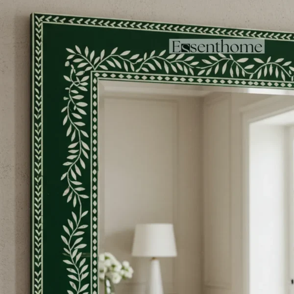 Handmade Bone Inlay Wall Mirror Floral Pattern Green ? Free Photo Frame - Image 3