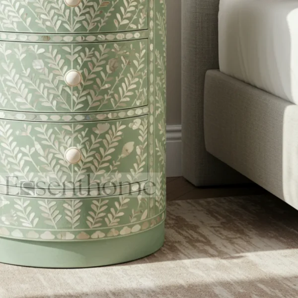 ?Handmade Green Mother of Pearl Nightstand ? 4-Drawer Floral Inlay Bedside Table? - Image 5