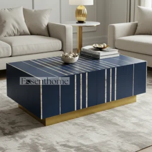 Navy Blue Bone Inlay Round Coffee Table with Brass Finish Base ? Handmade Modern Accent Table