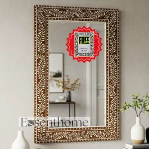 Handmade Bone Inlay Mirror ? Brown Floral Leaf Rectangle Frame