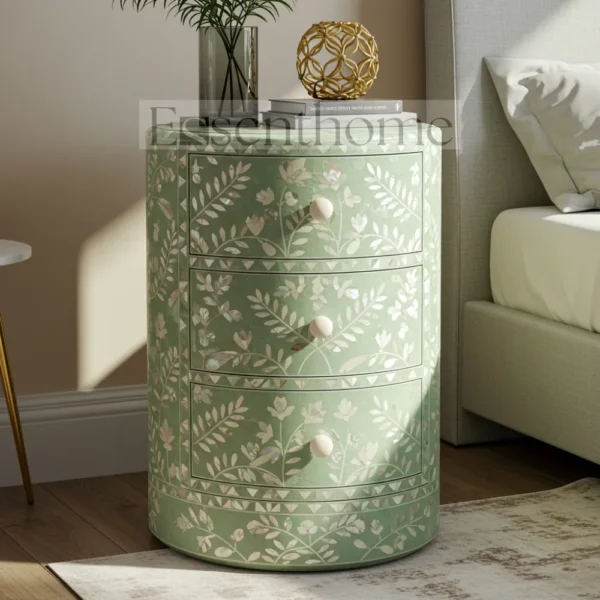 ?Handmade Green Mother of Pearl Nightstand ? 3-Drawer Floral Inlay Bedside Table?