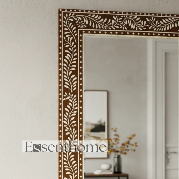 Handmade Bone Inlay Mirror ? Brown Floral Leaf Rectangle Frame - Image 2