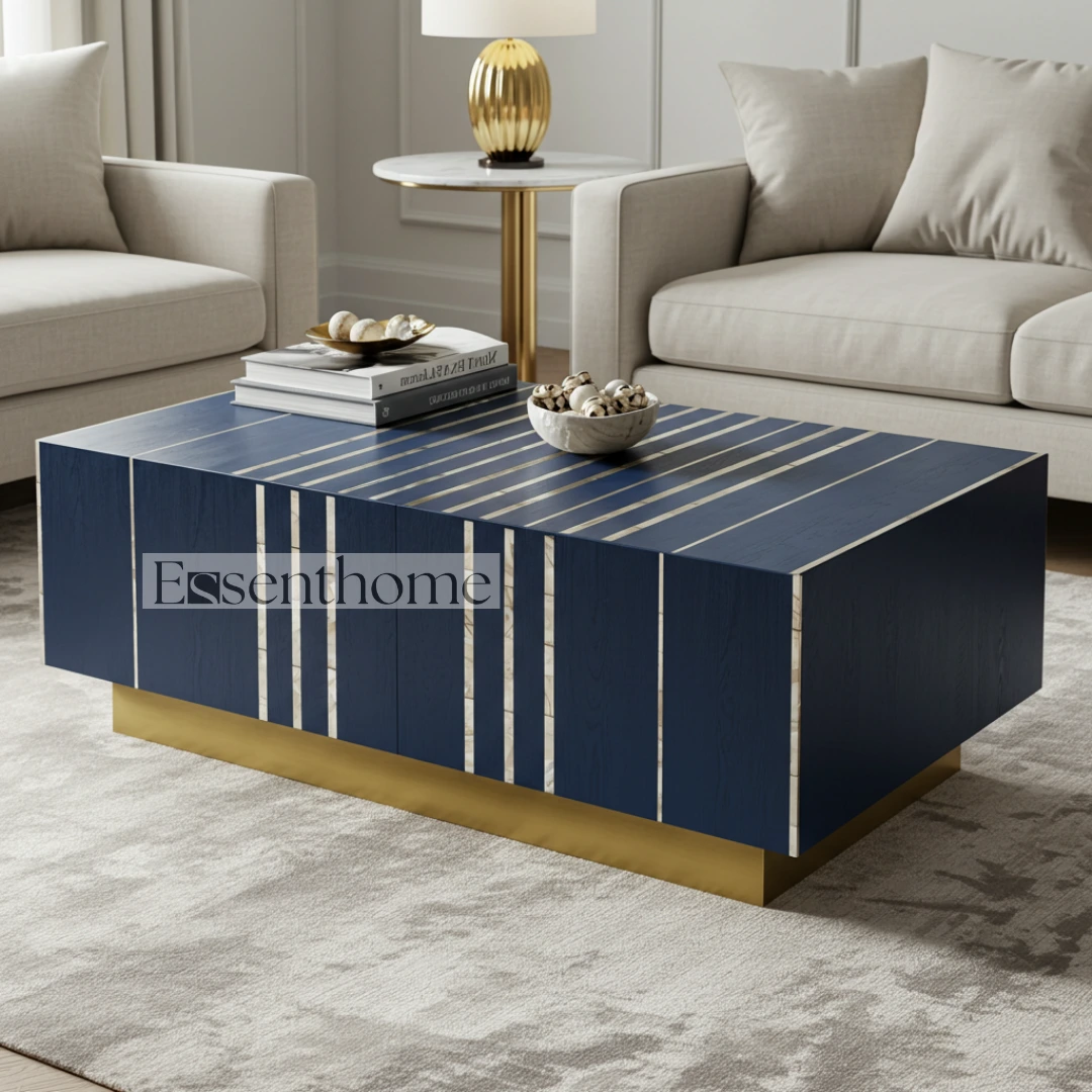 Navy Blue Bone Inlay Round Coffee Table with Brass Finish Base ? Handmade Modern Accent Table - Image 2