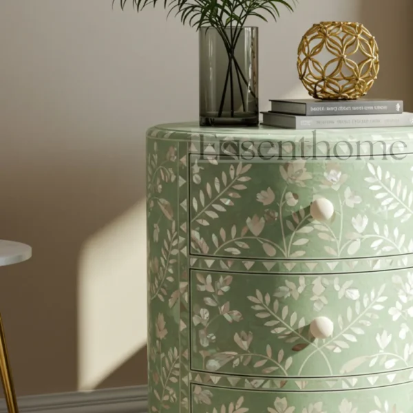 ?Handmade Green Mother of Pearl Nightstand ? 3-Drawer Floral Inlay Bedside Table? - Image 2
