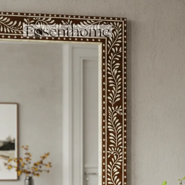 Handmade Bone Inlay Mirror ? Brown Floral Leaf Rectangle Frame - Image 3