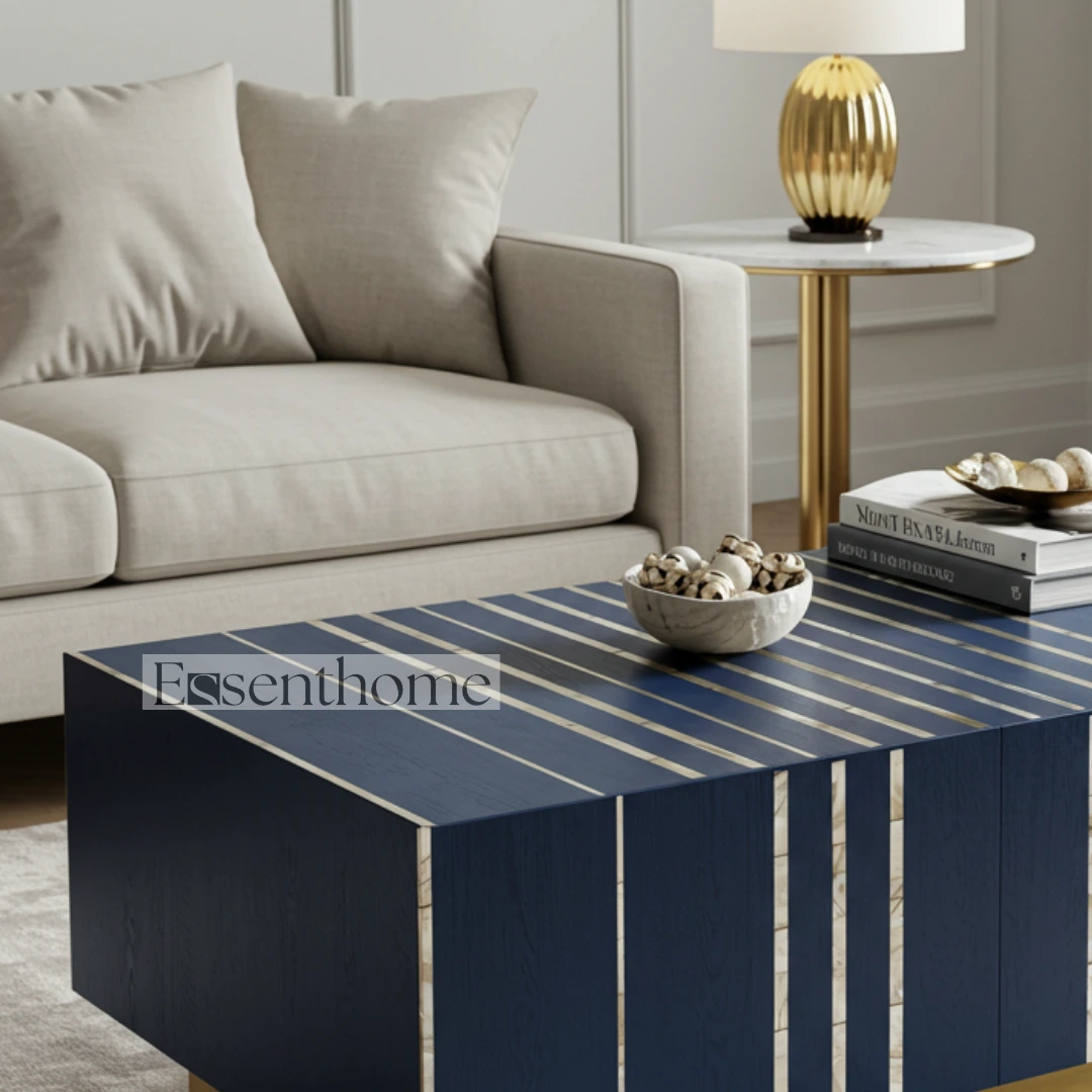 Navy Blue Bone Inlay Round Coffee Table with Brass Finish Base ? Handmade Modern Accent Table - Image 3