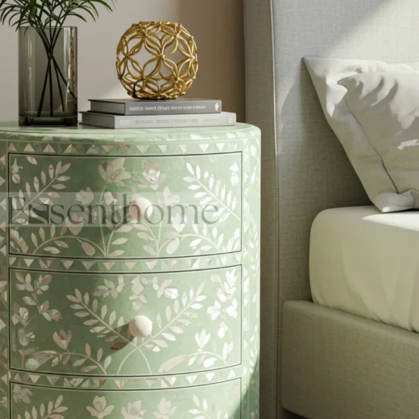 ?Handmade Green Mother of Pearl Nightstand ? 3-Drawer Floral Inlay Bedside Table? - Image 3
