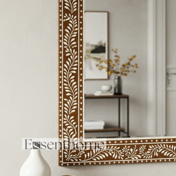 Handmade Bone Inlay Mirror ? Brown Floral Leaf Rectangle Frame - Image 4