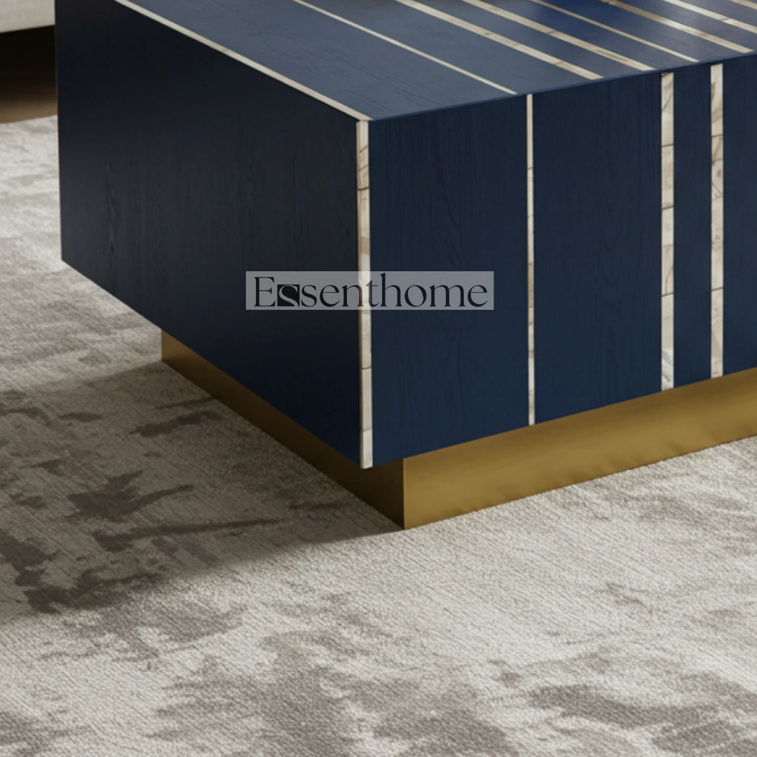 Navy Blue Bone Inlay Round Coffee Table with Brass Finish Base ? Handmade Modern Accent Table - Image 4