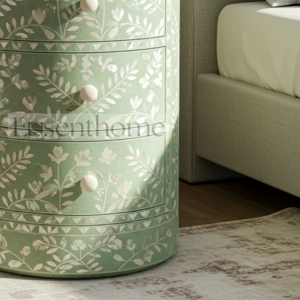 ?Handmade Green Mother of Pearl Nightstand ? 3-Drawer Floral Inlay Bedside Table? - Image 4