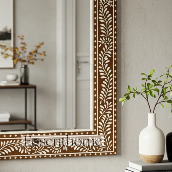 Handmade Bone Inlay Mirror ? Brown Floral Leaf Rectangle Frame - Image 5