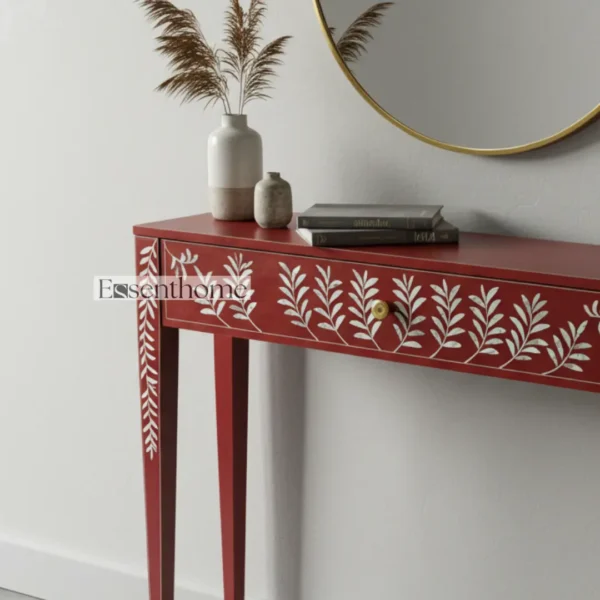 Essenthome Red Mother of Pearl Inlay Console Table ? Handmade Floral Pattern - Image 7