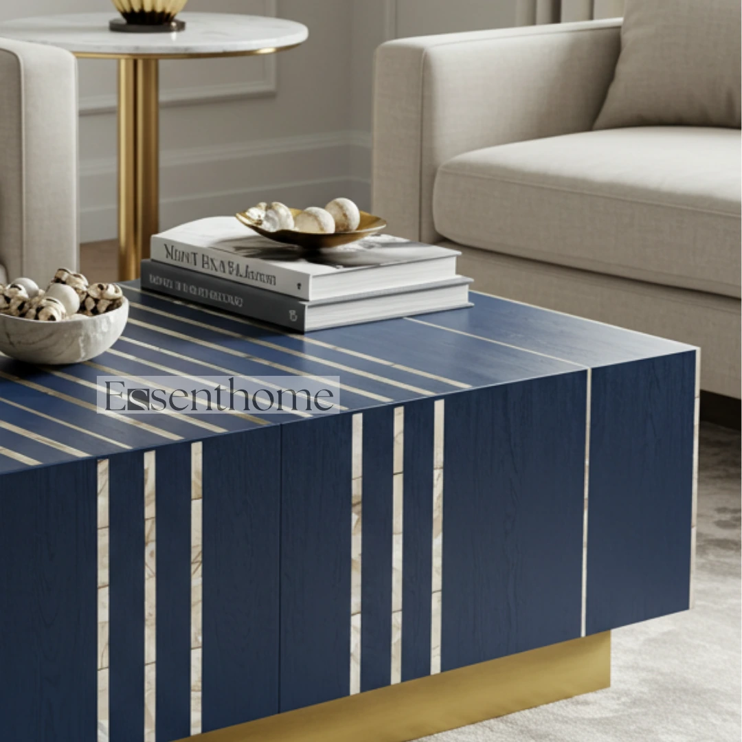 Navy Blue Bone Inlay Round Coffee Table with Brass Finish Base ? Handmade Modern Accent Table - Image 5
