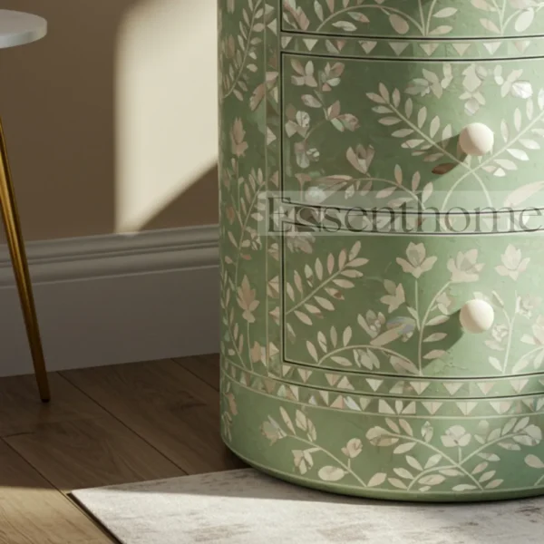 ?Handmade Green Mother of Pearl Nightstand ? 3-Drawer Floral Inlay Bedside Table? - Image 5