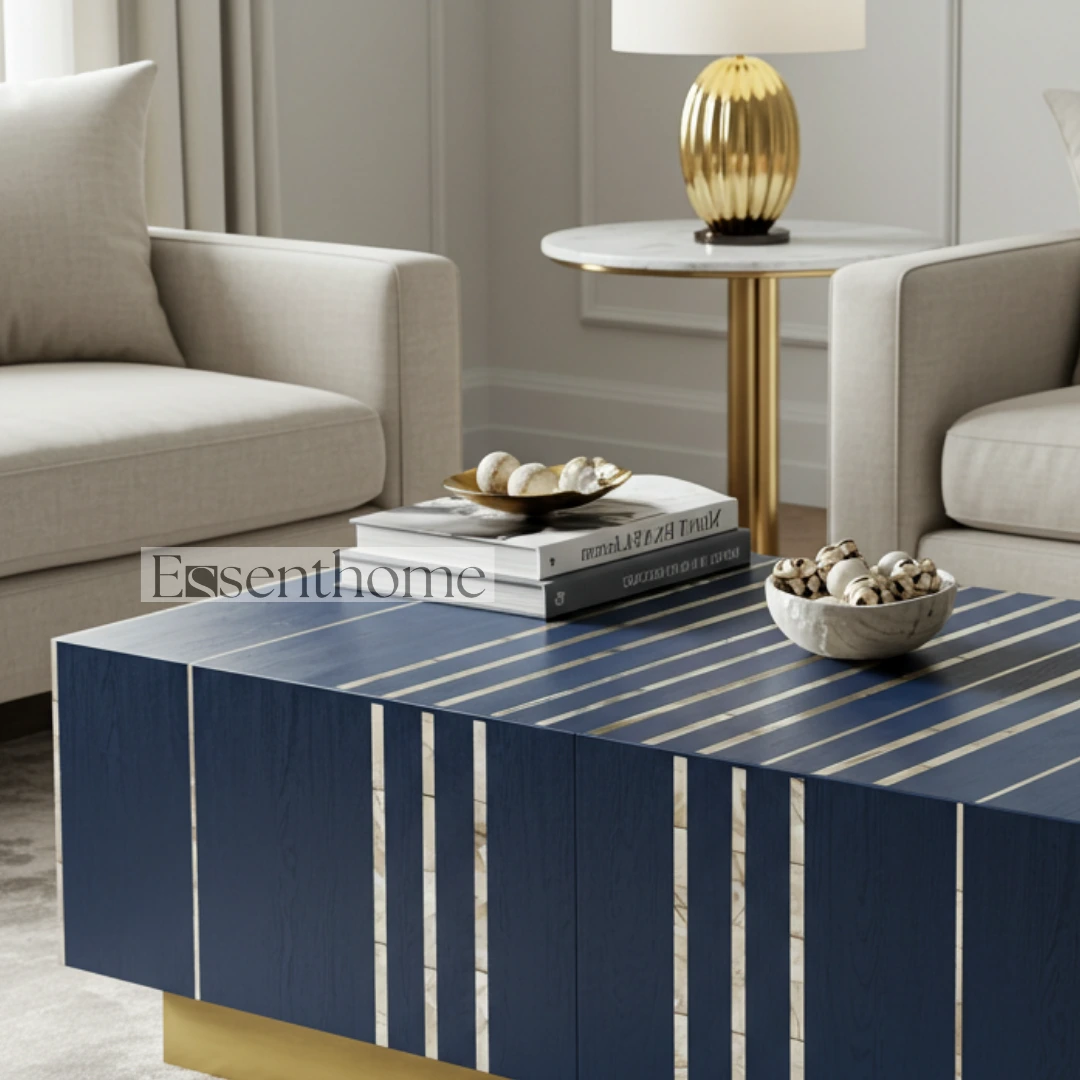 Navy Blue Bone Inlay Round Coffee Table with Brass Finish Base ? Handmade Modern Accent Table - Image 6