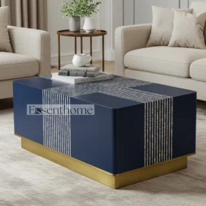 Navy Blue Bone Inlay Round Coffee Table with Brass Finish Base ? Handmade Modern Accent Table