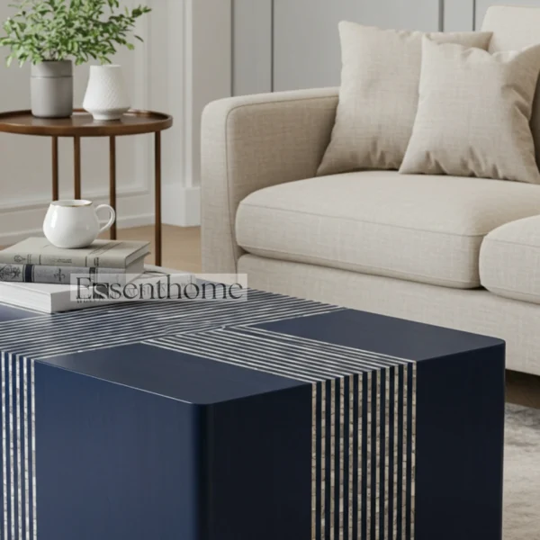 Navy Blue Bone Inlay Round Coffee Table with Brass Finish Base ? Handmade Modern Accent Table - Image 4