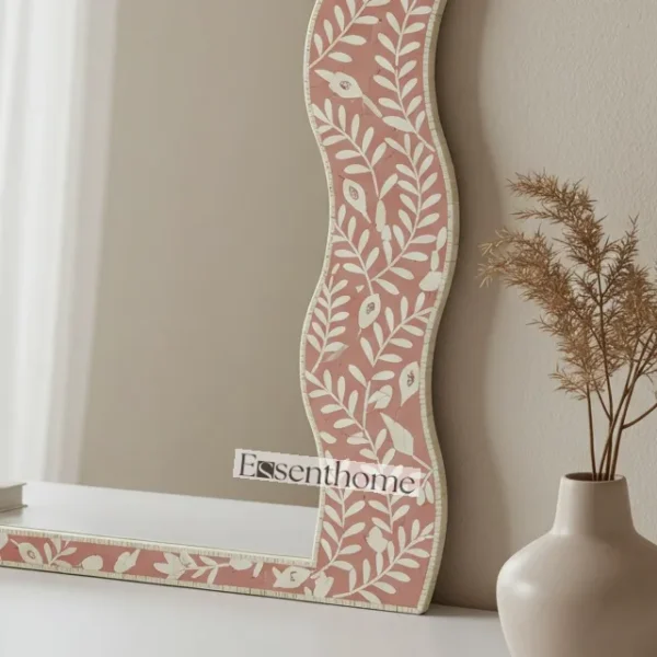 Handmade Rosé Bone Inlay Mirror – Elegant Floral Style - Image 9