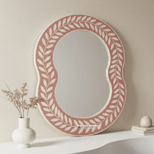Pink Bone Inlay Mirror – Handmade Floral Design