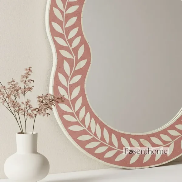 Pink Bone Inlay Mirror – Handmade Floral Design - Image 3