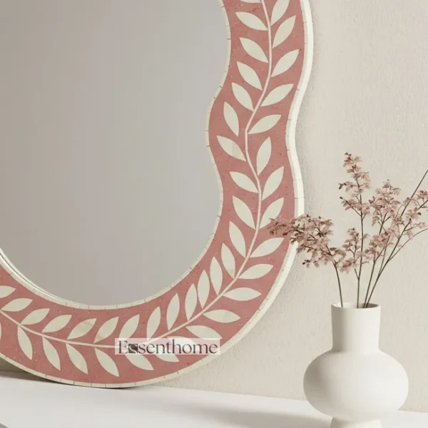 Pink Bone Inlay Mirror – Handmade Floral Design - Image 4