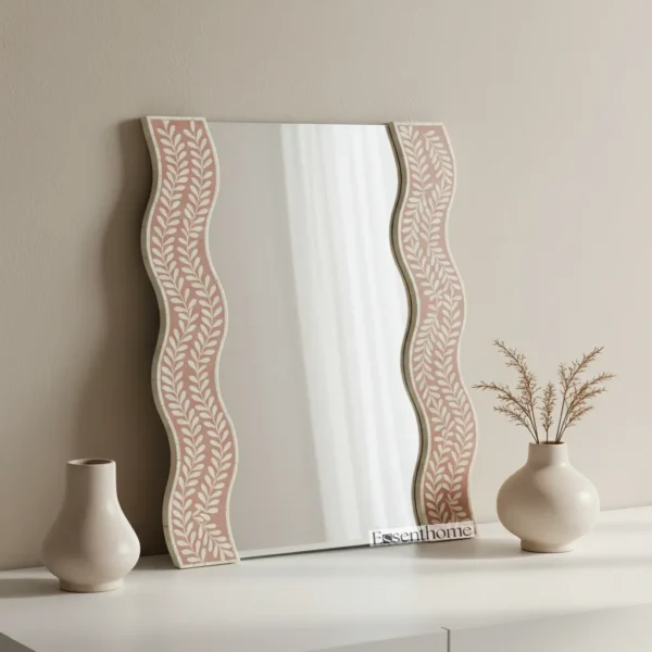 Floral Bone Inlay Mirror – Blush Pink Bohemian Accent for Walls