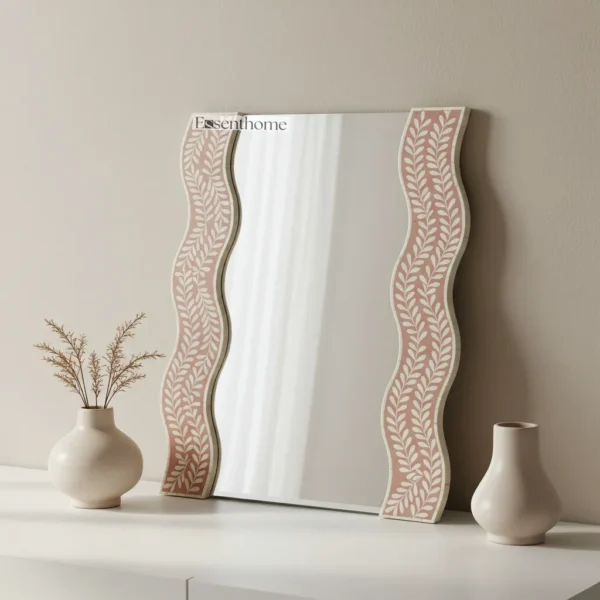 Floral Bone Inlay Mirror – Blush Pink Bohemian Accent for Walls - Image 6