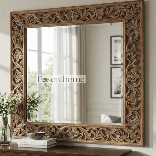 Essenthome Large Handcarved Wooden Mirror – Rectangular Rustic Frame