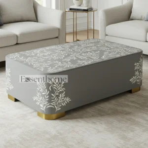 Gray Floral Bone Inlay Coffee Table – Handcrafted Accent