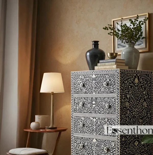 Handmade Black Bone Inlay Tallboy Dresser ? 5 Drawer Floral Storage Cabinet - Image 5