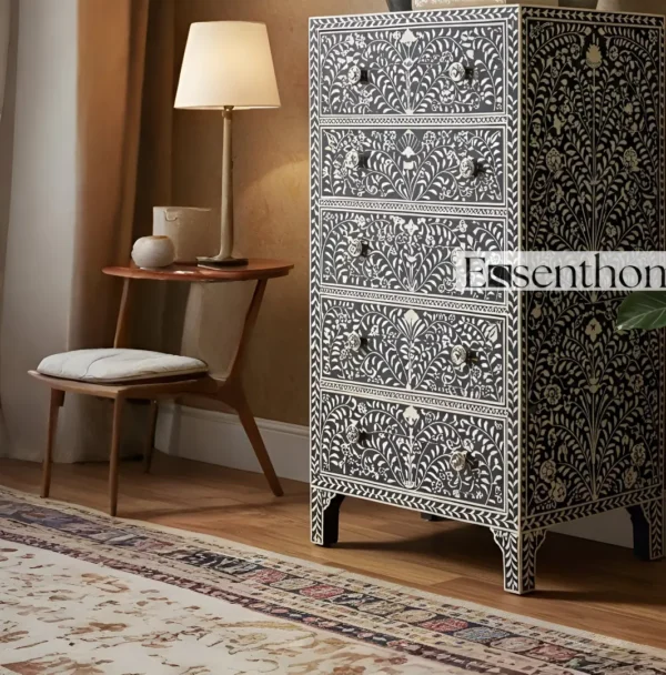 Handmade Black Bone Inlay Tallboy Dresser ? 5 Drawer Floral Storage Cabinet - Image 6