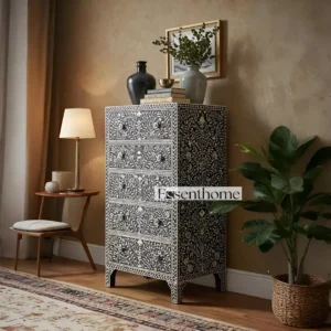 Handmade Black Bone Inlay Tallboy Dresser ? 5 Drawer Floral Storage Cabinet