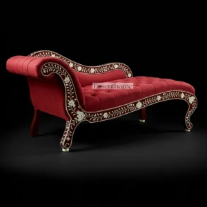 Essenthome Red Bone Inlay Chaise Lounge – Handmade Floral Pattern Daybed with Luxury Upholstery | Elegant Bone Inlay Furniture for Living Room & Bedroom