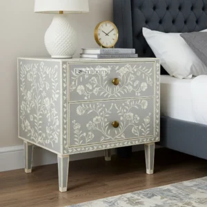 Bone Inlay Bedside Table Floral Two-Drawer Nightstand