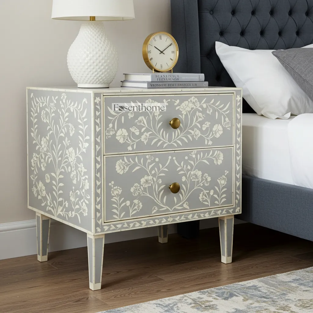 Bone Inlay Bedside Table Floral Two-Drawer Nightstand