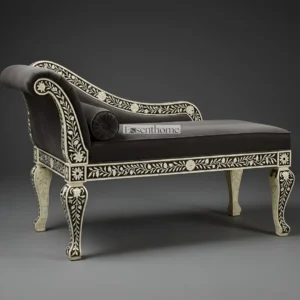 Essenthome Black Bone Inlay Chaise Lounge – Handmade Floral Pattern Daybed with Luxury Upholstery | Elegant Bone Inlay Furniture for Living Room & Bedroom