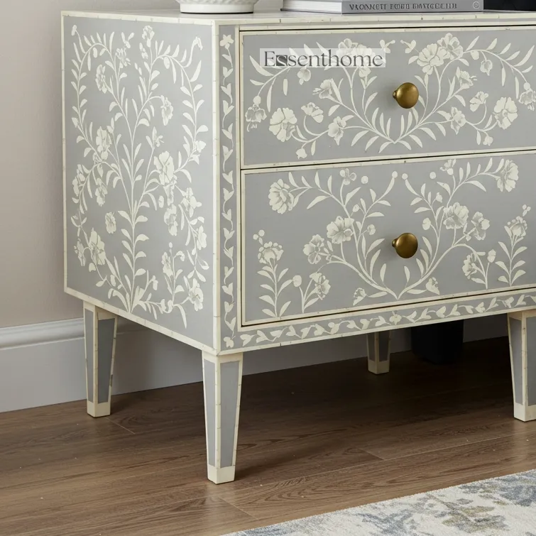 Bone Inlay Bedside Table Floral Two-Drawer Nightstand - Image 4