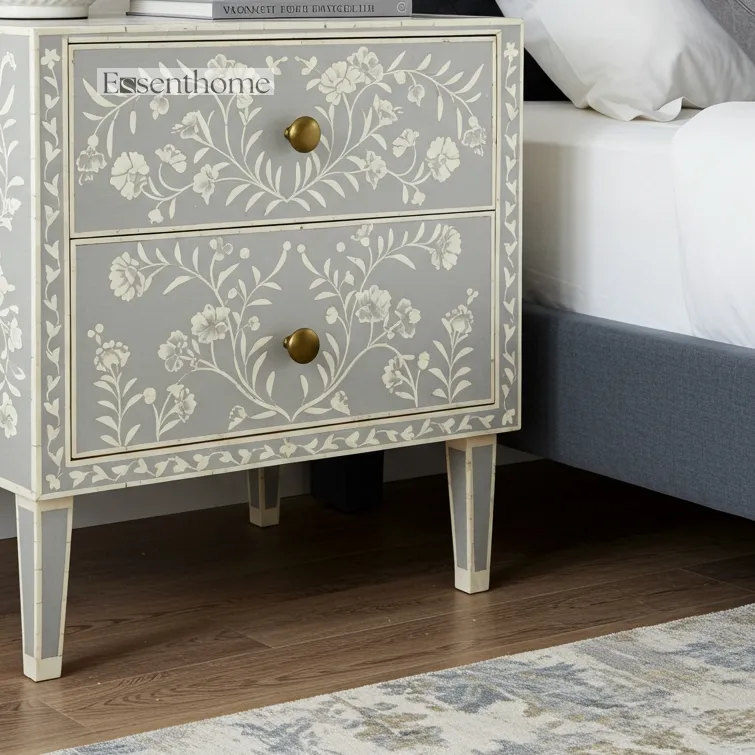 Bone Inlay Bedside Table Floral Two-Drawer Nightstand - Image 5