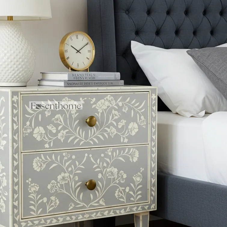 Bone Inlay Bedside Table Floral Two-Drawer Nightstand - Image 6
