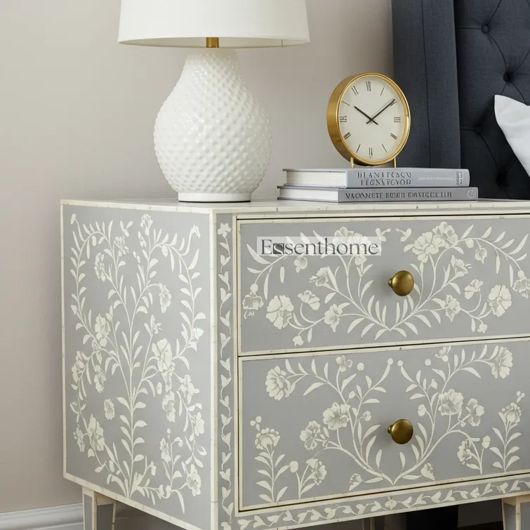 Bone Inlay Bedside Table Floral Two-Drawer Nightstand - Image 7