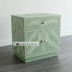 “Light Green & White Bone Inlay Nightstand – Handcrafted Artisan Bedside Table”