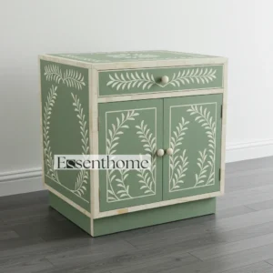 “Light Green & White Bone Inlay Nightstand – Handcrafted Artisan Bedside Table”