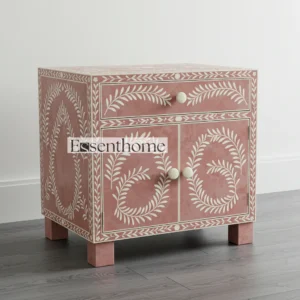 “Light Pink & White Bone Inlay Nightstand – Floral Bone Inlay Nightstand